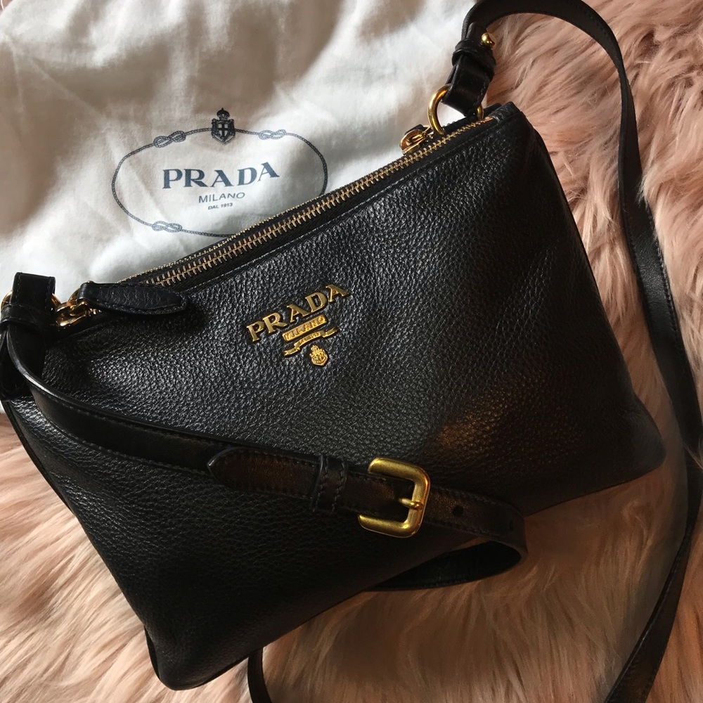 AUTHENTIC PRADA Black Pebbled Leather Crossbody
